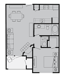 A floor plan of a house with a kitchen, living room, and bathroom.