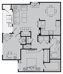 A floor plan of a house with a kitchen, living room, and bathroom.