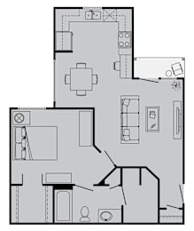 A floor plan of a house with a kitchen, living room, and bathroom.