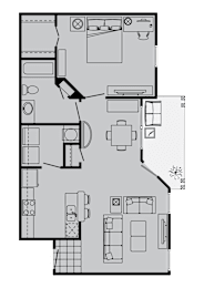 A floor plan of a house with a kitchen, living room, and two bedrooms.
