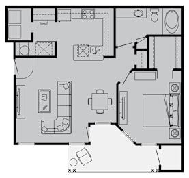 A black and white floor plan of a house with various rooms and furniture.