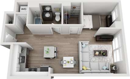 A top-down view of a modern living room with a grey sofa, a coffee table, and a kitchen area.