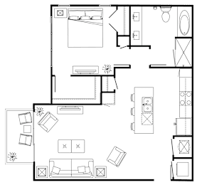 A floor plan of a house with a kitchen, living room, and bathroom.