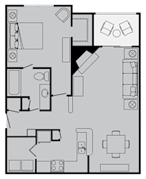 A floor plan of a house with a kitchen, living room, and two bedrooms.