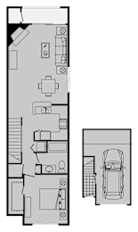 A floor plan of a house with a garage and a car.