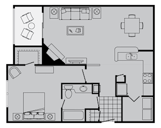 A black and white floor plan of a house with a kitchen, living room, and bathroom.