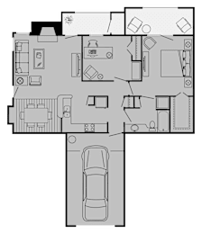 A floor plan of a house with a garage and a car.