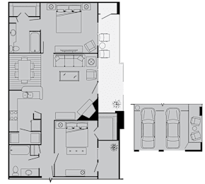 A floor plan of a house with a garage and a car.