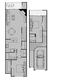 A floor plan of a house with a garage and a car.
