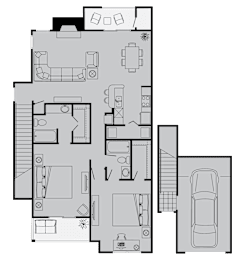 A floor plan of a house with a garage and a car.
