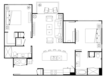 A black and white floor plan of a house with various rooms and furniture.