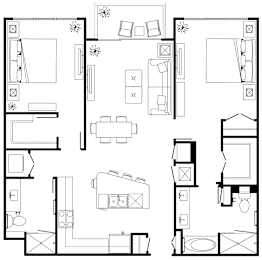 A black and white floor plan of a house with various rooms and furniture.