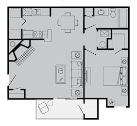 A black and white floor plan of a house with a kitchen, living room, and bathroom.