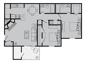 A black and white floor plan of a house with a kitchen, living room, and bathroom.
