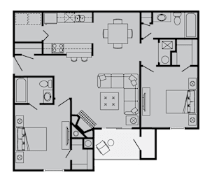 A black and white floor plan of a house with a kitchen, living room, and bathrooms.