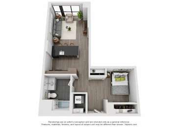 A floor plan of a small apartment with a kitchen, living room, and bathroom.