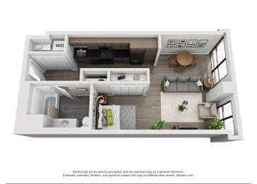 A 3D floor plan of a house with a living room, kitchen, and bathroom.