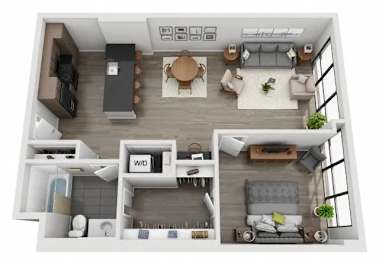 A top-down view of a modern apartment layout with a kitchen, living room, and bedroom.