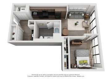 A floor plan of a small apartment with a kitchen, living room, and bedroom.