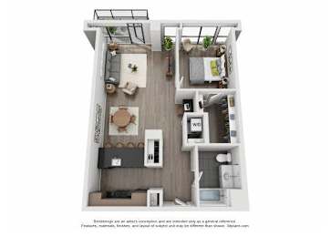 A floor plan of a small apartment with a kitchen, living room, and bedroom.