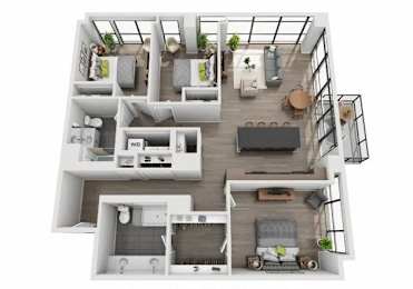 A top-down view of a modern apartment layout with a living room, kitchen, and two bedrooms.