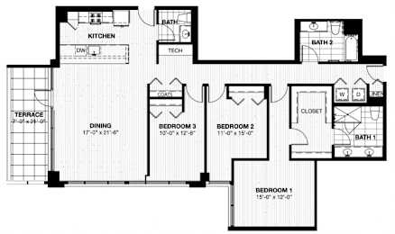 A floor plan of a house with a kitchen, dining room, three bedrooms, a bathroom, and a terrace.