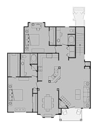 A floor plan of a house with a kitchen, living room, and bathrooms.