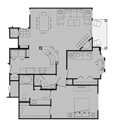 A floor plan of a house with a kitchen, living room, dining room, and multiple bathrooms.