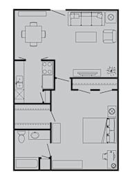 A floor plan of a kitchen with a table, chairs, and appliances.