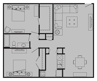 A floor plan of a house with a kitchen, living room, and bathroom.