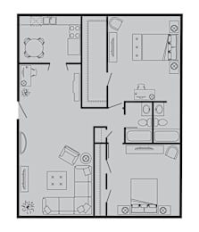 A black and white floor plan of a house with a kitchen, living room, and bathroom.