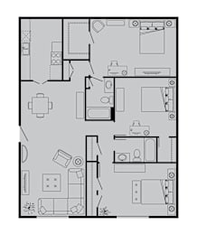 A black and white floor plan of a house with a kitchen, living room, and bathroom.