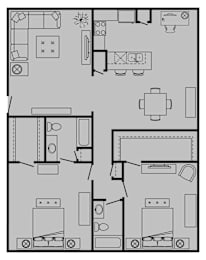 A floor plan of a house with a kitchen, living room, and two bedrooms.