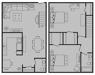 A floor plan of a house with two rooms, one with a kitchen and the other with a living room.