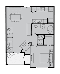 A floor plan of a house with a kitchen, living room, and bathroom.