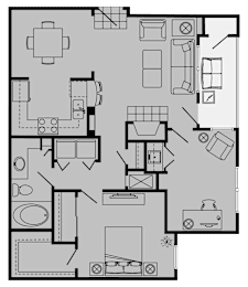 A floor plan of a house with a kitchen, living room, and bathroom.