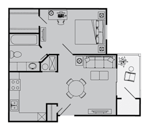 A black and white floor plan of a house with a kitchen, living room, and bathroom.