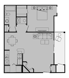 A floor plan of a house with a kitchen, living room, and two bedrooms.