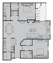 A floor plan of a house with a kitchen, living room, and bathroom.