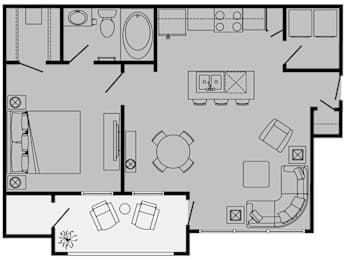 A black and white floor plan of a house with a kitchen, living room, and bathroom.