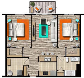 A top-down view of a floor plan showing a kitchen, living room, and bathroom.