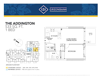 A floor plan for a 1 bedroom apartment at The Addington by Greenbank.