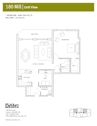 A floor plan for a 180 Mill apartment showing a bedroom, living room, dining room, kitchen, bathroom, and balcony.
