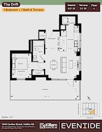 A floor plan for a 1 bedroom, 1 bath, and terrace apartment.