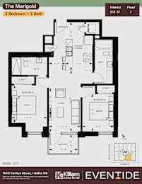 A floor plan for a 2 bedroom and 2 bath home by Killam Eventide.