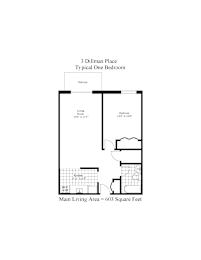 A floor plan of a 3 Dillman Place typical one bedroom apartment.