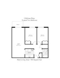 A floor plan of a 3 Dillman Place, a typical two bedroom apartment with a living room, two bedrooms, and a balcony.