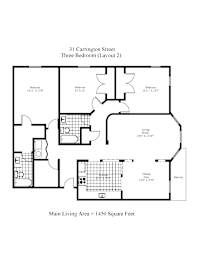 A drawing of a 3 bedroom apartment layout on Carrington Street.