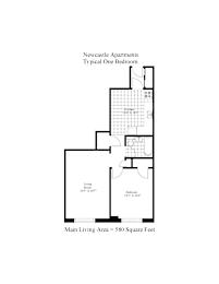 A floor plan of a typical one bedroom apartment in Newcastle with a living room, bedroom, and kitchen.