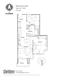 A floor plan for a suite at The Alexander shows a living room, bedroom, bathroom, kitchen, and balcony.
